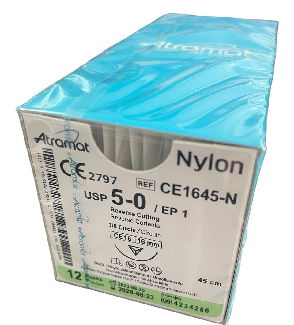 Нейлон (поліамід) CE1645-N чорний монофіламентний, що не розсмоктується USP 5-0 (EP1) зі зворотн.-ріж. голкою 16мм, 3/8кола, довж. нитки 75см